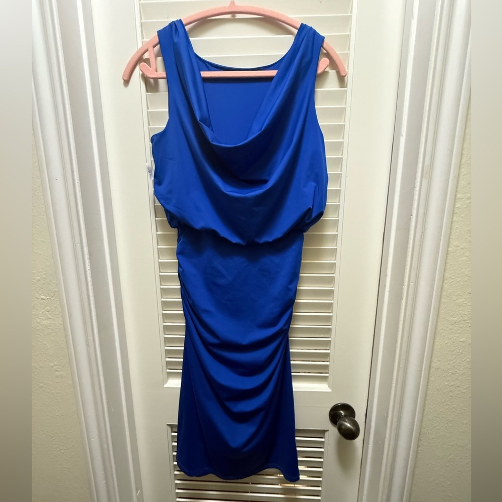 Elegant Cowl Neck Blue Sleeveless Dress.Rouche bottom allows length adjustment